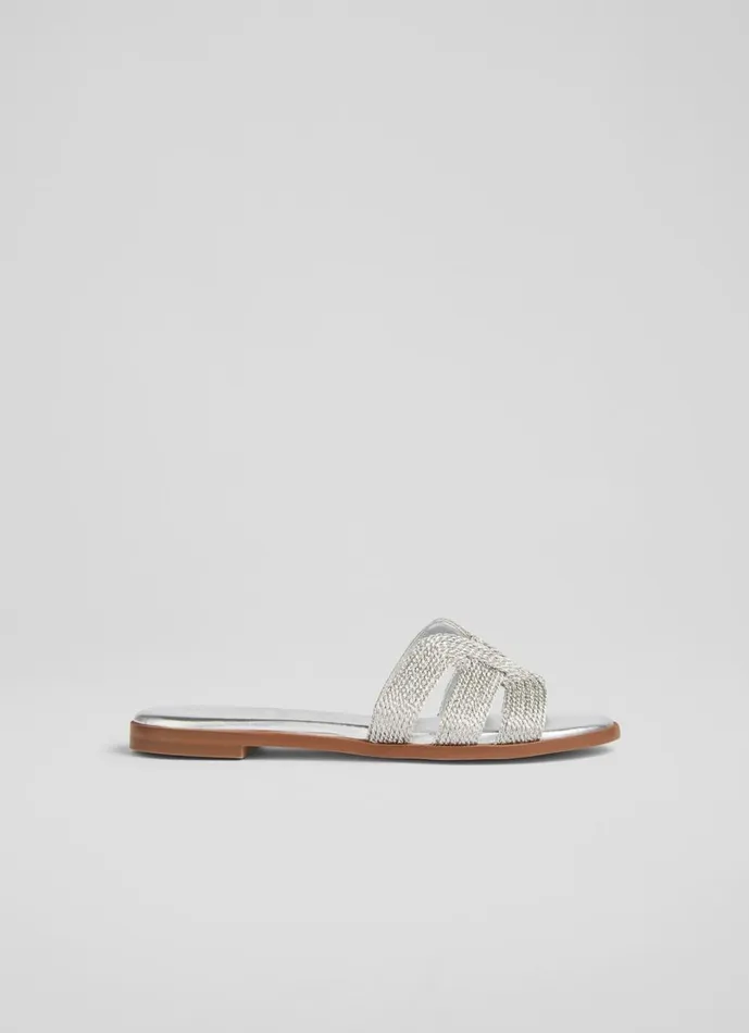 LKBennett Flats Women Riley Silver Metallic Raffia Flat Mules