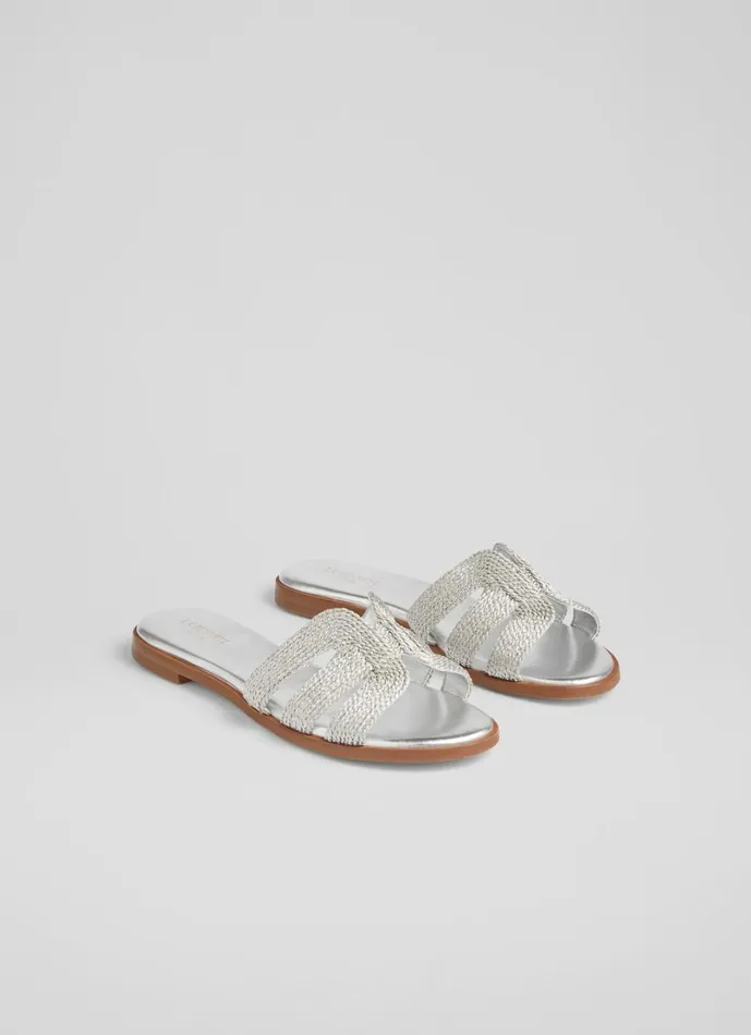 LKBennett Flats Women Riley Silver Metallic Raffia Flat Mules LKBennett Flats Women Riley Silver Metallic Raffia Flat Mules