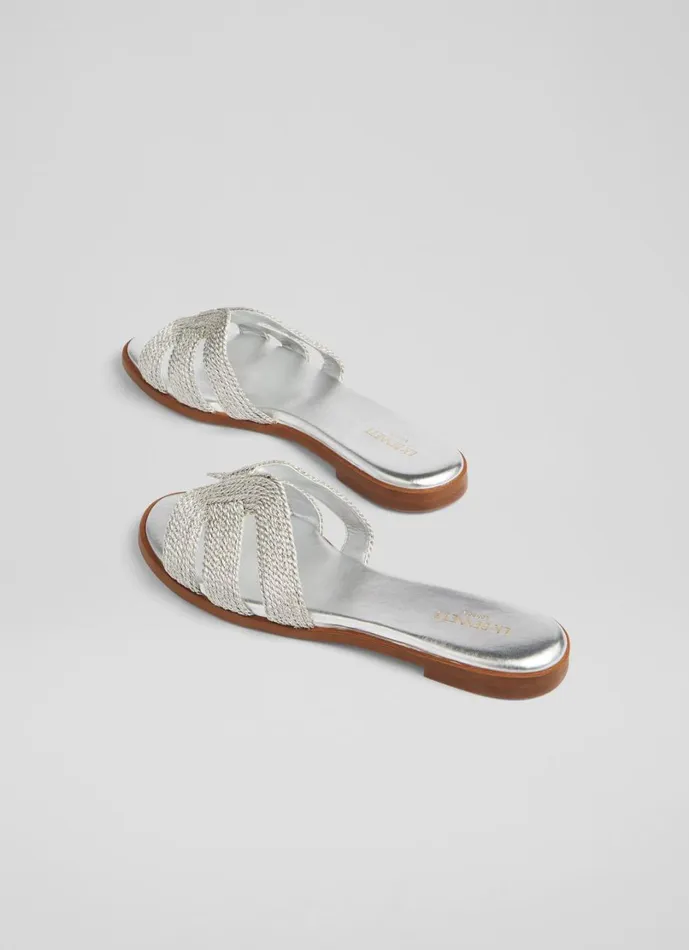 LKBennett Flats Women Riley Silver Metallic Raffia Flat Mules LKBennett Flats Women Riley Silver Metallic Raffia Flat Mules