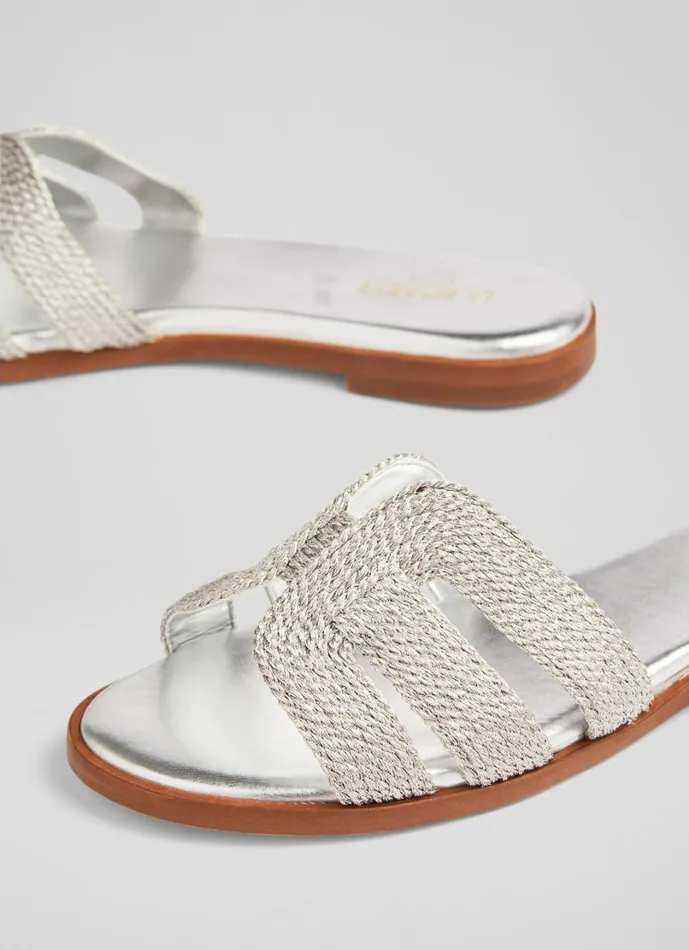 LKBennett Flats Women Riley Silver Metallic Raffia Flat Mules LKBennett Flats Women Riley Silver Metallic Raffia Flat Mules