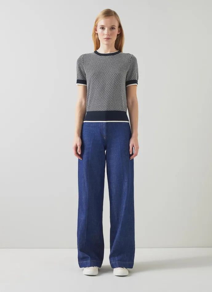 LKBennett Knitwear Women Honey Blue CottonMerino Blend Waffle Knit Top