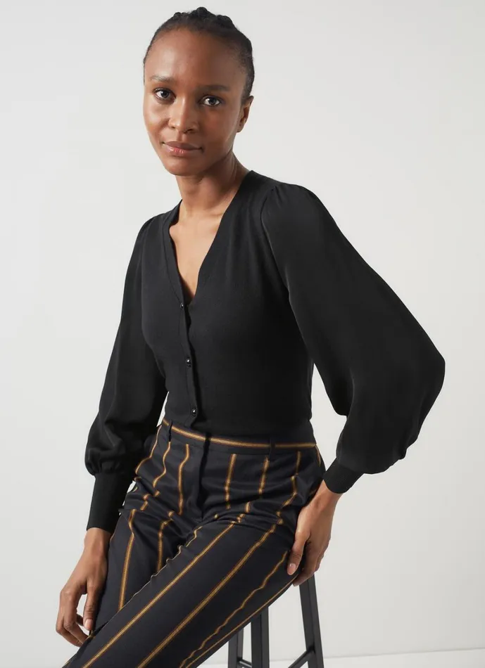 LKBennett Knitwear Women Lucian Black Mixed Media Knit Cardigan LKBennett Knitwear Women Lucian Black Mixed Media Knit Cardigan