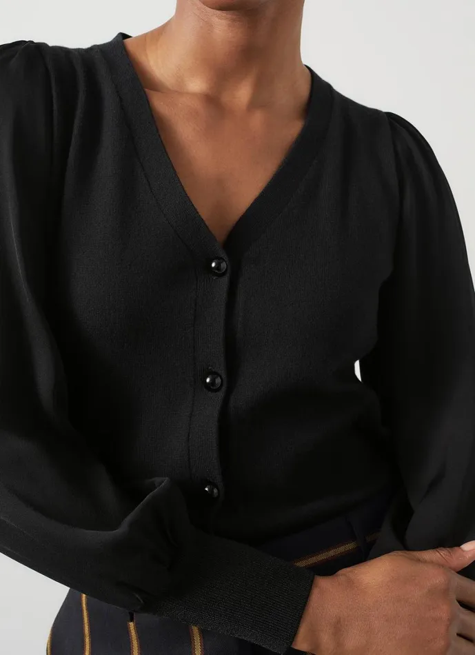 LKBennett Knitwear Women Lucian Black Mixed Media Knit Cardigan LKBennett Knitwear Women Lucian Black Mixed Media Knit Cardigan