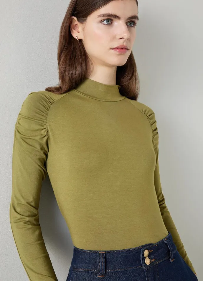 LKBennett Tops Women Lacey Olive Gathered Jersey Top LKBennett Tops Women Lacey Olive Gathered Jersey Top