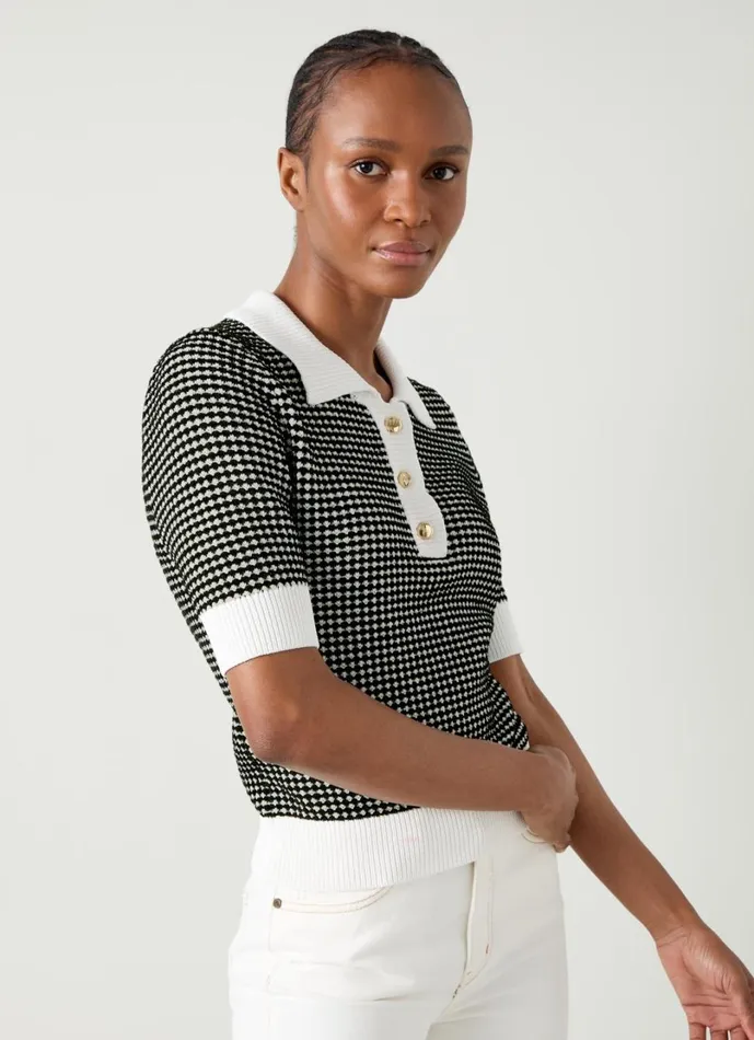 LKBennett Tops Women Nancy Black and Ivory Stripe and Contrast Collar Knit Top