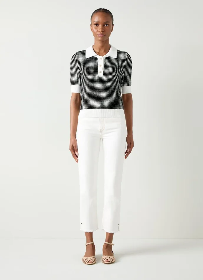 LKBennett Tops Women Nancy Black and Ivory Stripe and Contrast Collar Knit Top LKBennett Tops Women Nancy Black and Ivory Stripe and Contrast Collar Knit Top