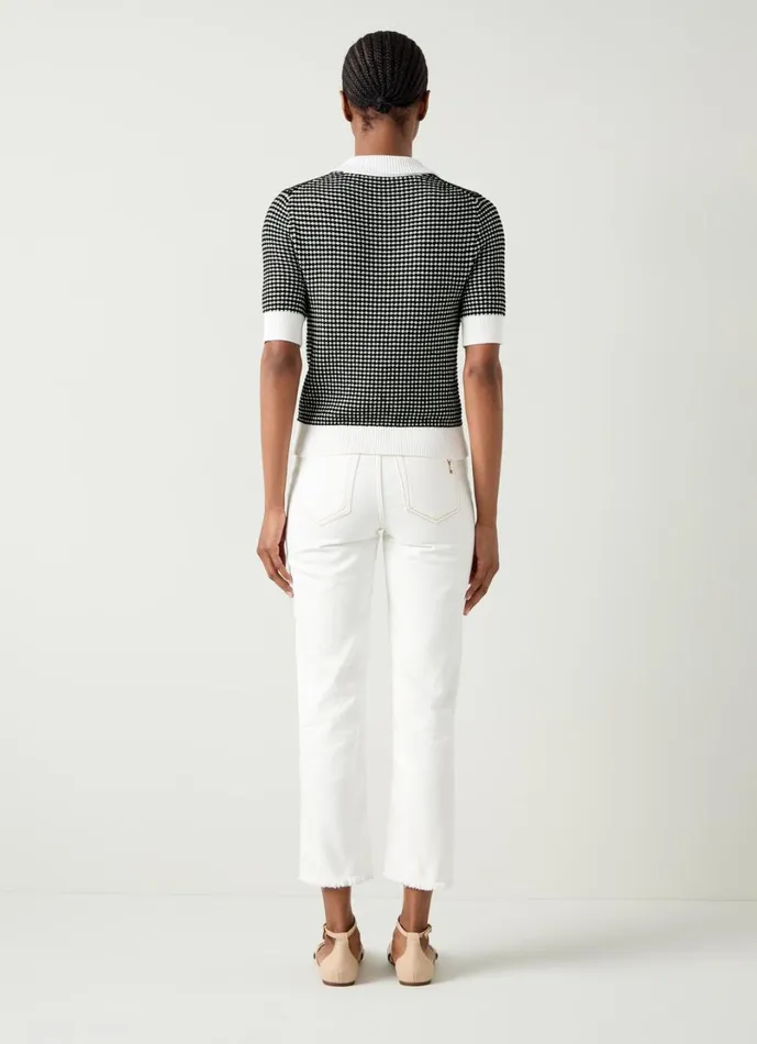 LKBennett Tops Women Nancy Black and Ivory Stripe and Contrast Collar Knit Top LKBennett Tops Women Nancy Black and Ivory Stripe and Contrast Collar Knit Top