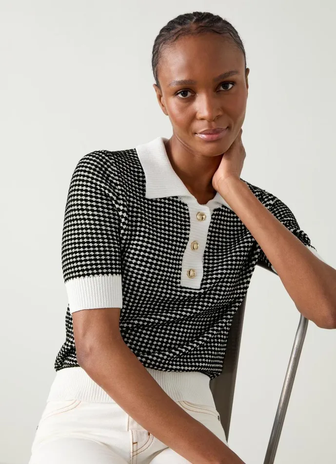 LKBennett Tops Women Nancy Black and Ivory Stripe and Contrast Collar Knit Top LKBennett Tops Women Nancy Black and Ivory Stripe and Contrast Collar Knit Top