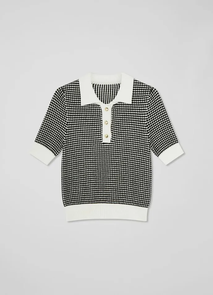 LKBennett Tops Women Nancy Black and Ivory Stripe and Contrast Collar Knit Top LKBennett Tops Women Nancy Black and Ivory Stripe and Contrast Collar Knit Top