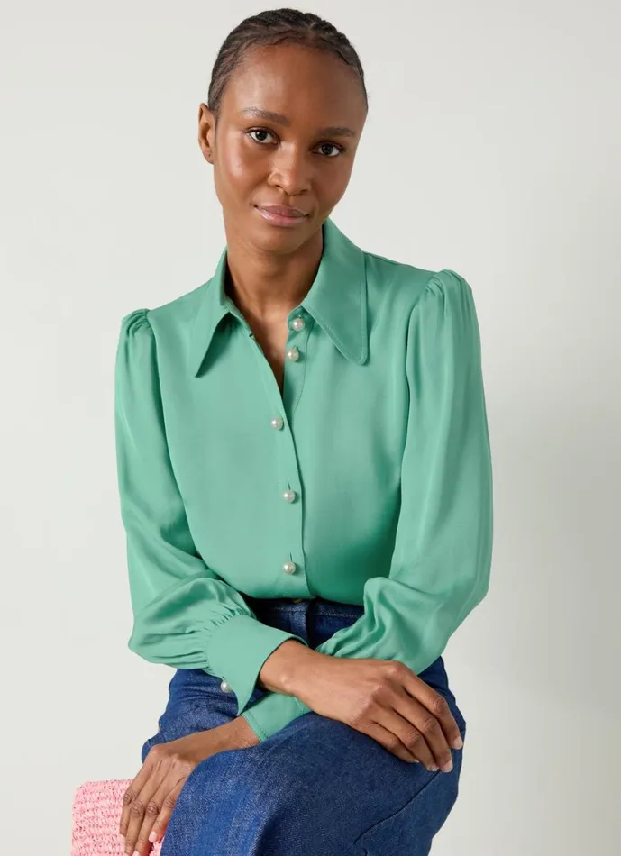 LKBennett Tops Women Sonya Light Mint Satin Crepe Blouse
