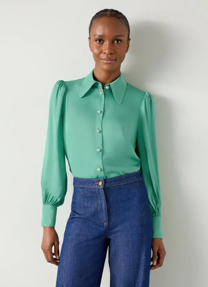 LKBennett Tops Women Sonya Light Mint Satin Crepe Blouse LKBennett Tops Women Sonya Light Mint Satin Crepe Blouse