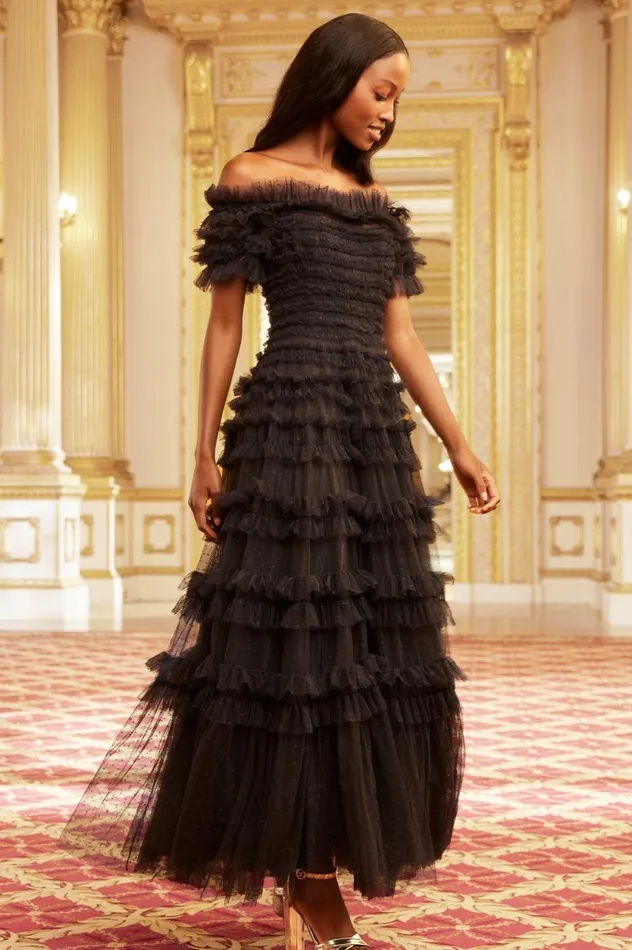 Lisette Ruffle Off Shoulder Gown Black Women Needle and Thread Dresses