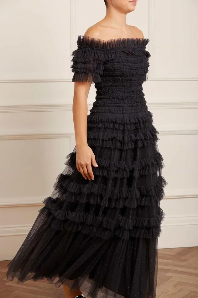 Lisette Ruffle Off Shoulder Gown Black Women Needle and Thread Dresses