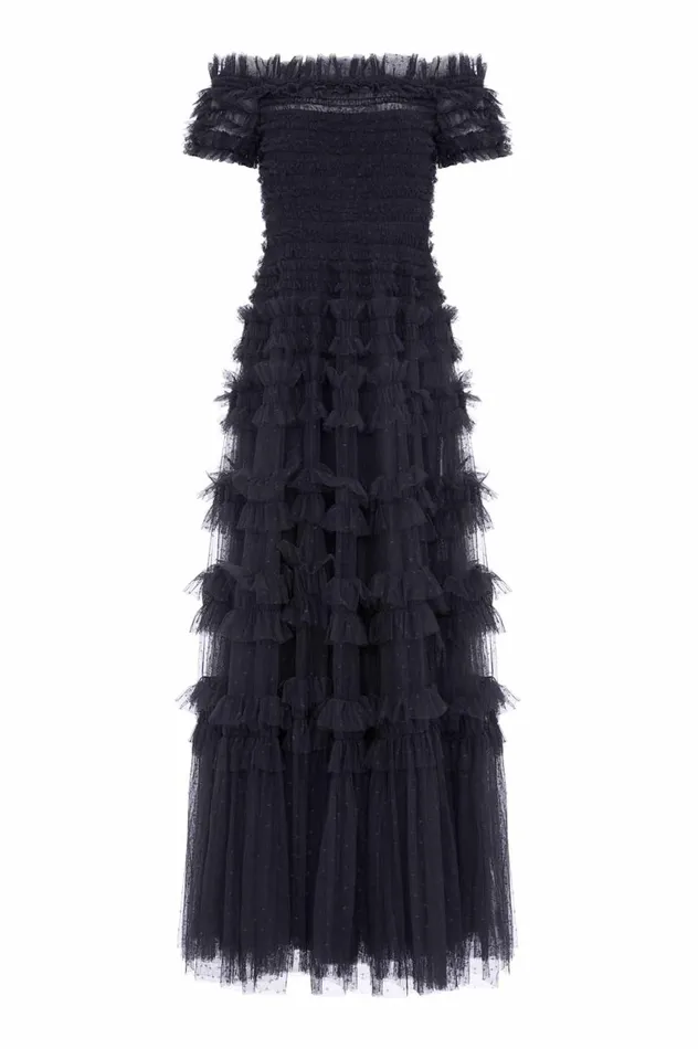 Lisette Ruffle Off Shoulder Gown Black Women Needle and Thread Dresses