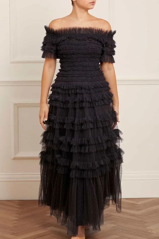 Lisette Ruffle Off Shoulder Gown Black Women Needle and Thread Dresses