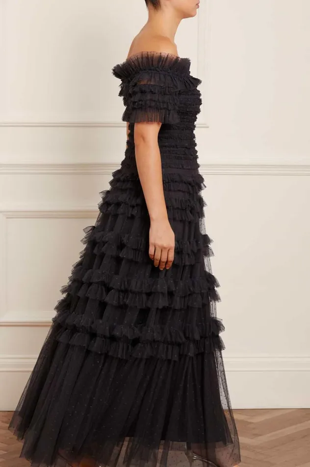Lisette Ruffle Off Shoulder Gown Black Women Needle and Thread Dresses