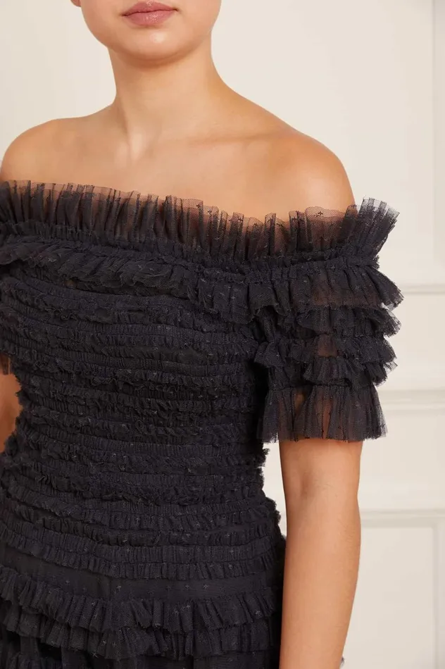 Lisette Ruffle Off Shoulder Gown Black Women Needle and Thread Dresses
