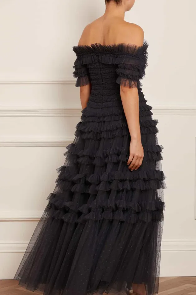 Lisette Ruffle Off Shoulder Gown Black Women Needle and Thread Dresses