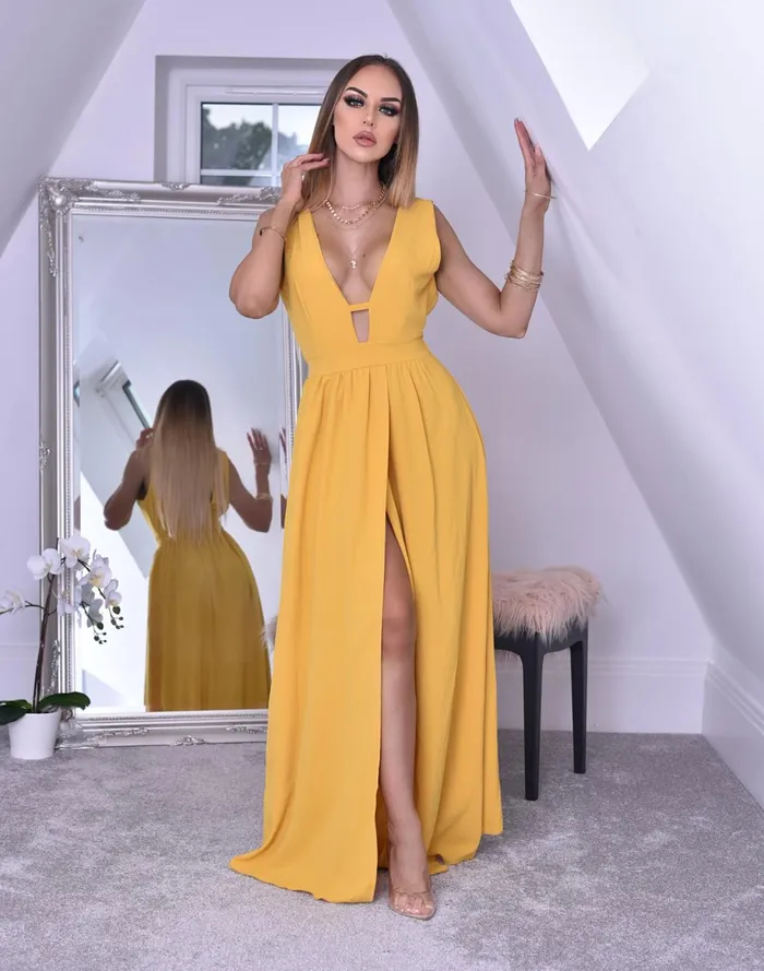 Margot Yellow Plunge Detail Maxi Dress Women Missfiga Maxi Dresses