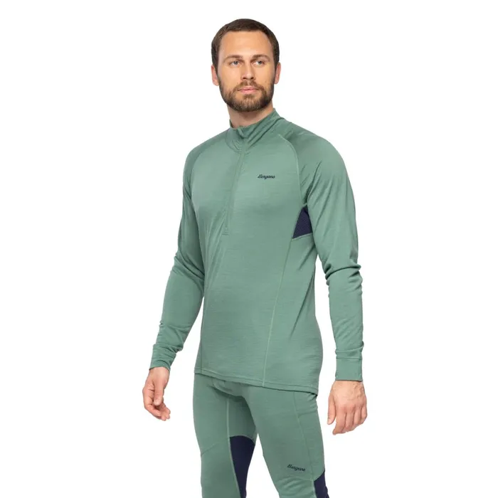 Men Bergans Of Norway Wool Longsleeved Shirts InnerPure Merino Half Zip Dark Jade Green Navy Blue