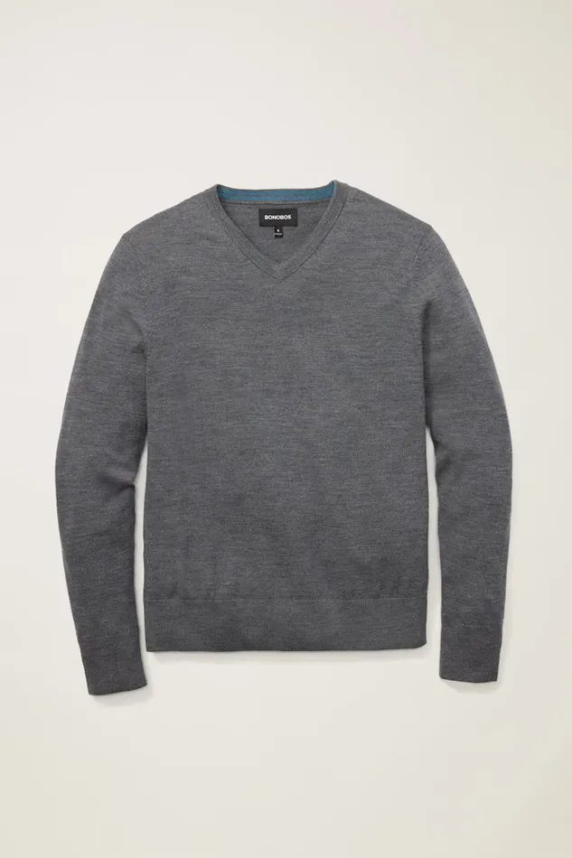 Men Bonobos Crew and VNeck Sweaters Washable Merino VNeck Sweater Charcoal Grey