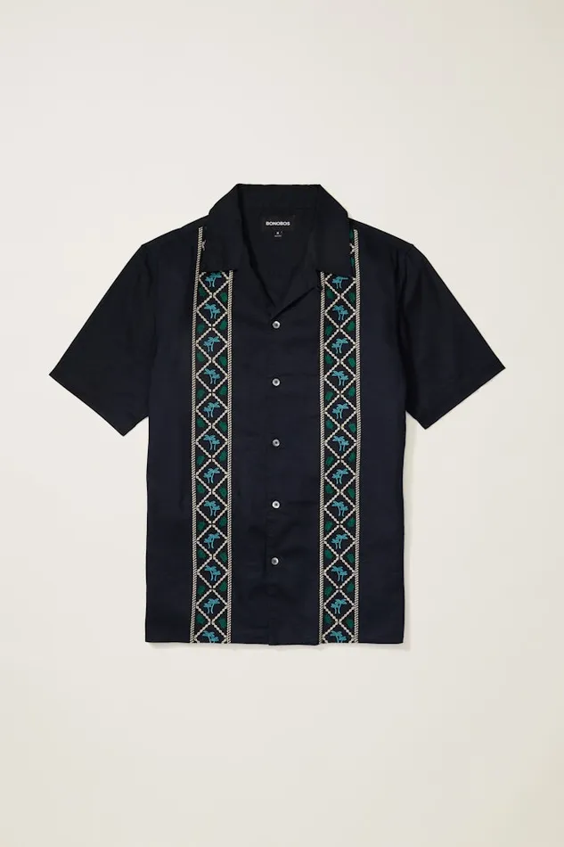 Men Bonobos Short Sleeve Shirts Limited Edition Riviera Cabana Shirt Black Palm Embroidery Men Bonobos Short Sleeve Shirts Limited Edition Riviera Cabana Shirt Black Palm Embroidery