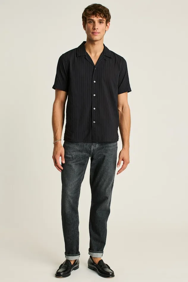 Men Bonobos Short Sleeve Shirts Riviera Cabana Shirt Black Textured Stripe