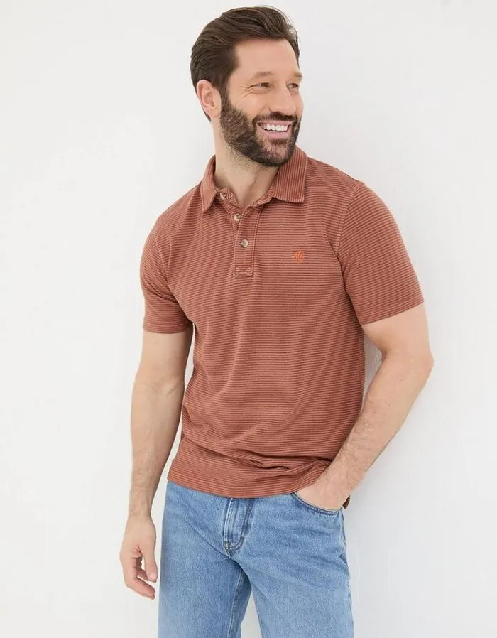 Men FatFace Polo Shirts Organic Cotton Fine Stripe Polo Orange