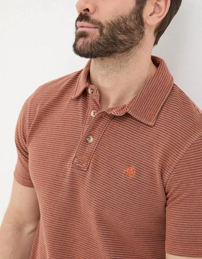 Men FatFace Polo Shirts Organic Cotton Fine Stripe Polo Orange