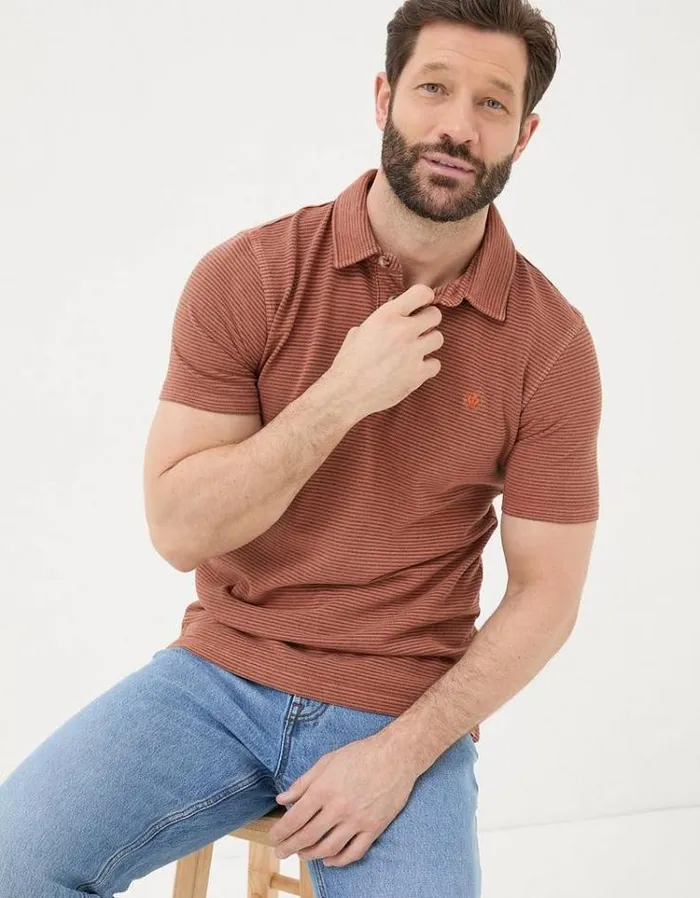Men FatFace Polo Shirts Organic Cotton Fine Stripe Polo Orange