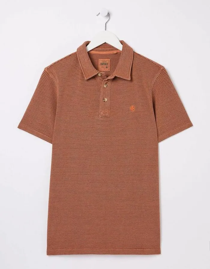 Men FatFace Polo Shirts Organic Cotton Fine Stripe Polo Orange