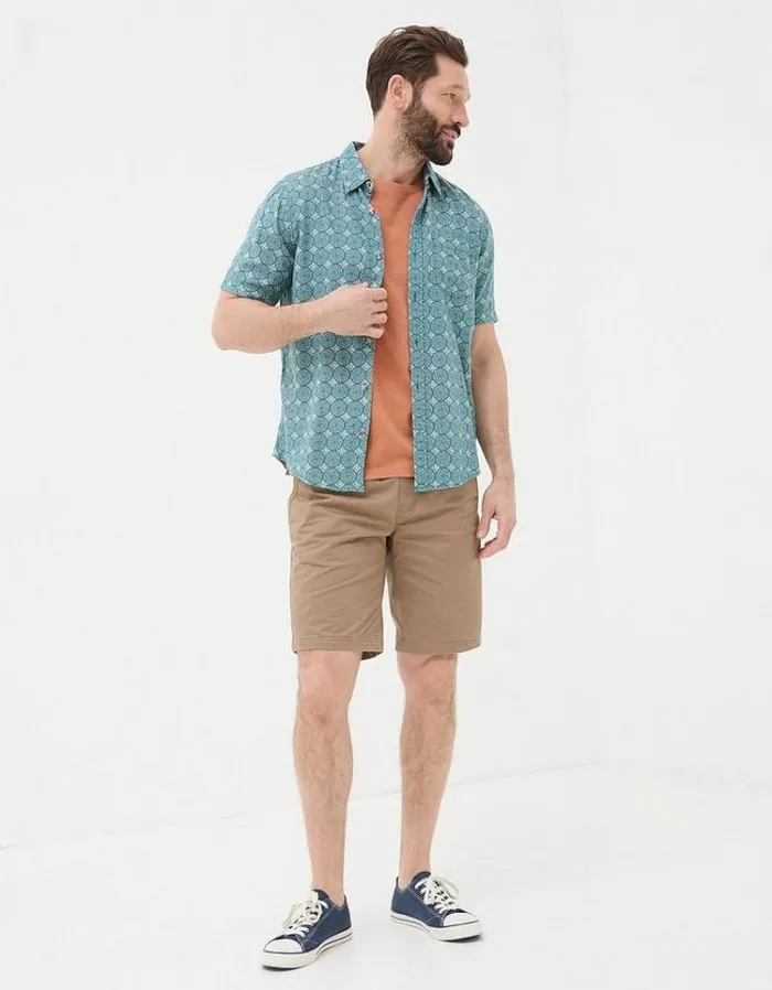 Men FatFace Shirts Short Sleeve Snave Tile Print Shirt Teal Green