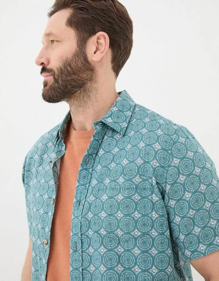 Men FatFace Shirts Short Sleeve Snave Tile Print Shirt Teal Green