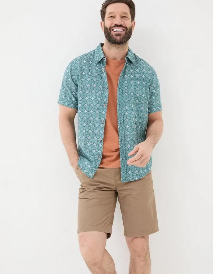 Men FatFace Shirts Short Sleeve Snave Tile Print Shirt Teal Green