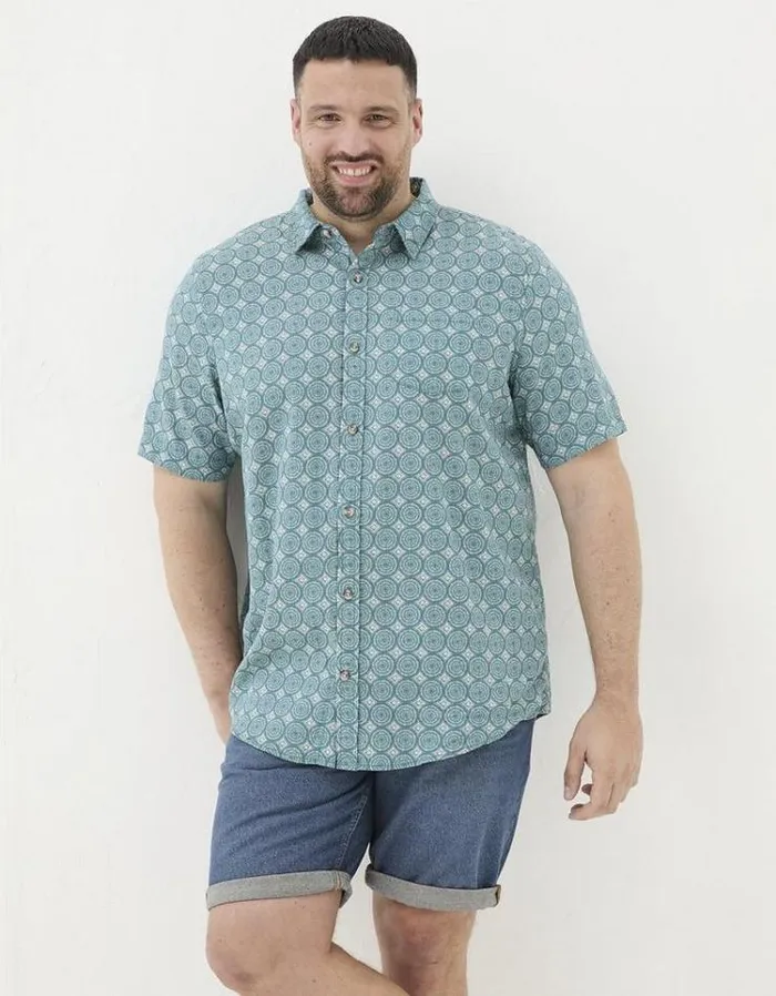 Men FatFace Shirts Short Sleeve Snave Tile Print Shirt Teal Green