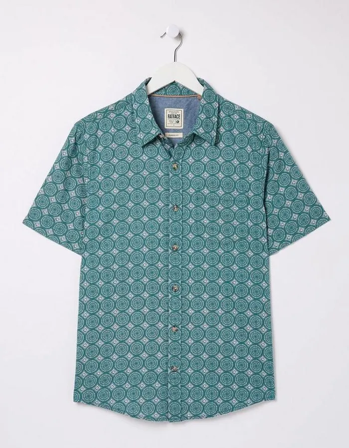 Men FatFace Shirts Short Sleeve Snave Tile Print Shirt Teal Green