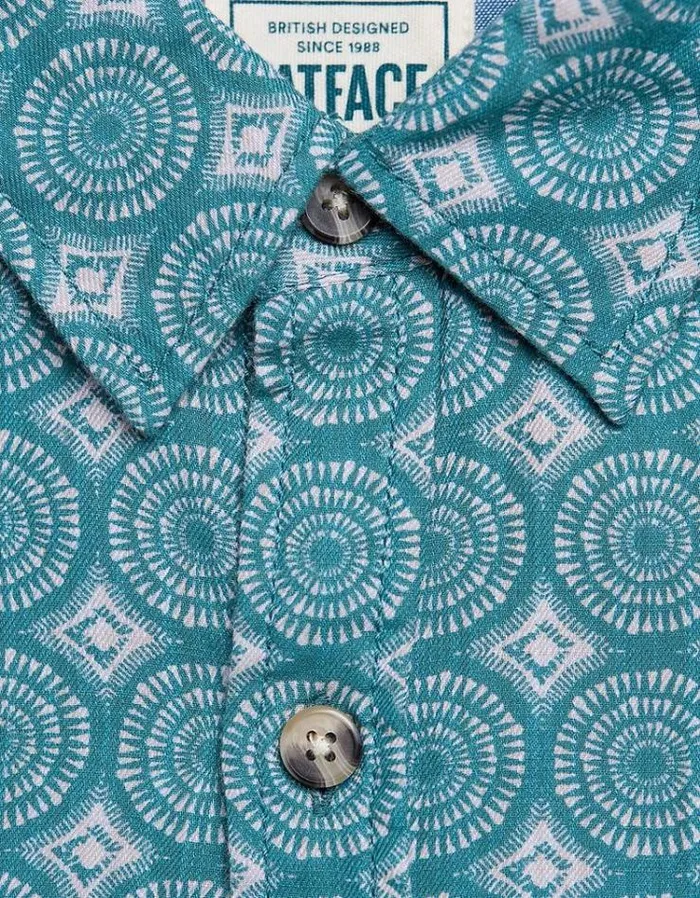 Men FatFace Shirts Short Sleeve Snave Tile Print Shirt Teal Green