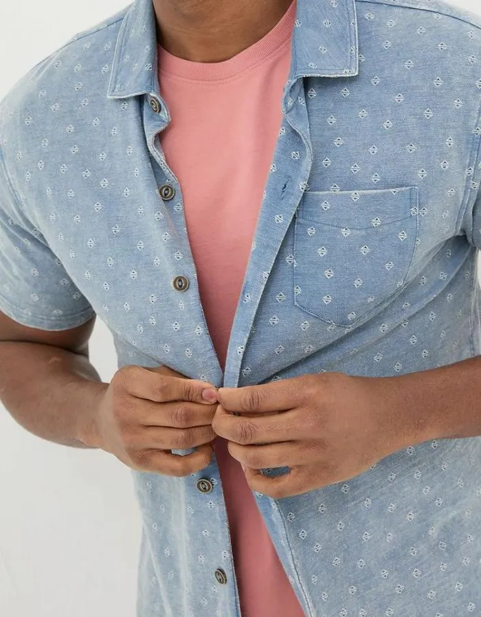 Men FatFace Shirts Truro Geo Print Jersey Shirt Blue