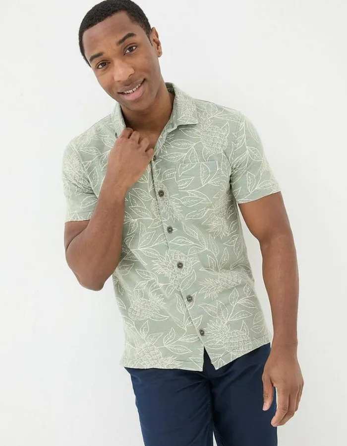 Men FatFace Shirts Truro Leaf Print Jersey Shirt Light Green