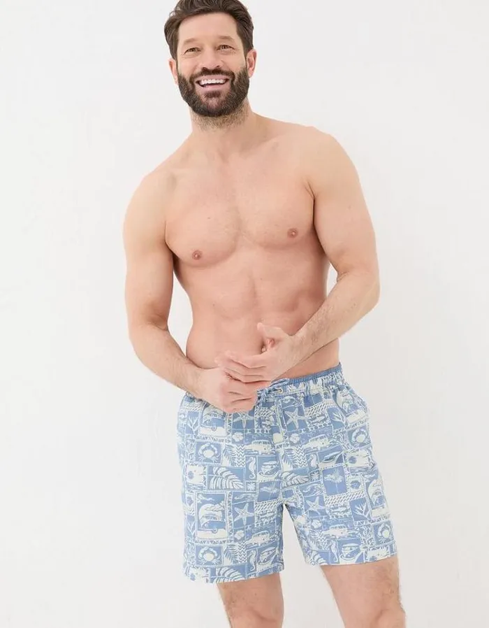 Men FatFace Swimwear Trevose VW Tile Swim Shorts Blue