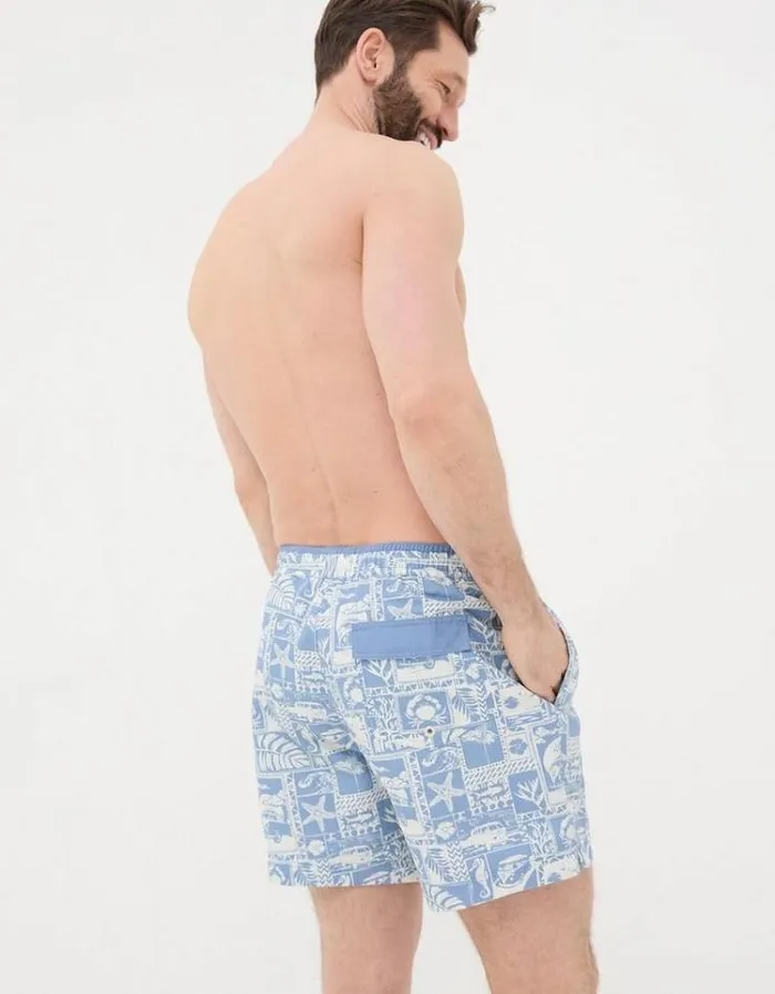 Men FatFace Swimwear Trevose VW Tile Swim Shorts Blue