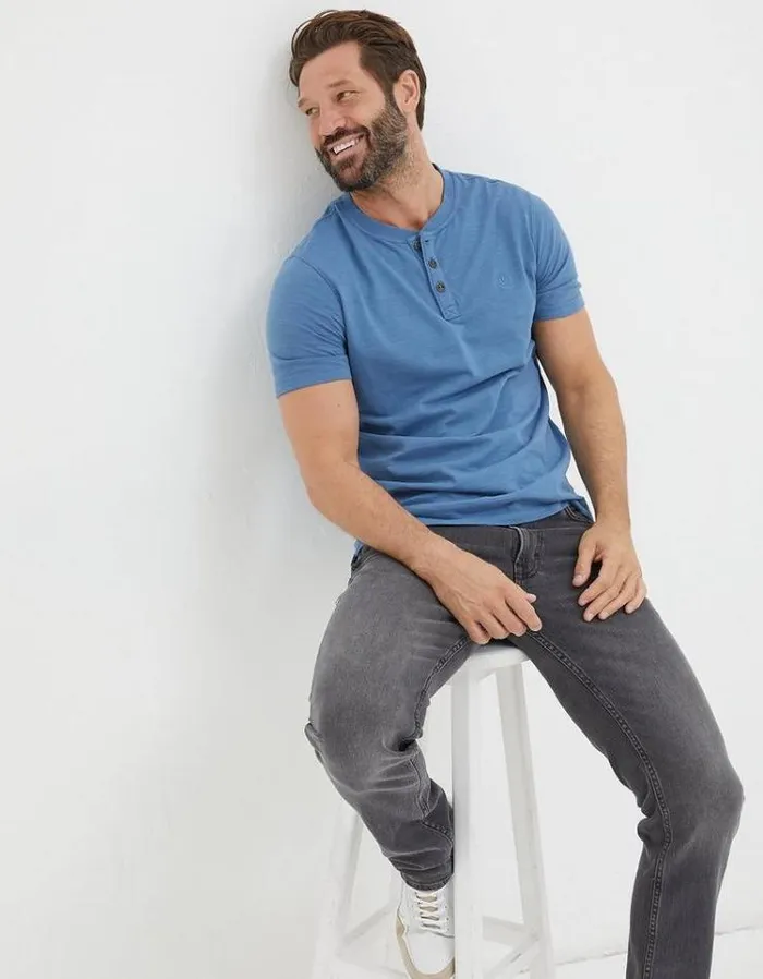 Men FatFace Tall Collection Organic Cotton Woodside Slub Henley Light Denim Blue