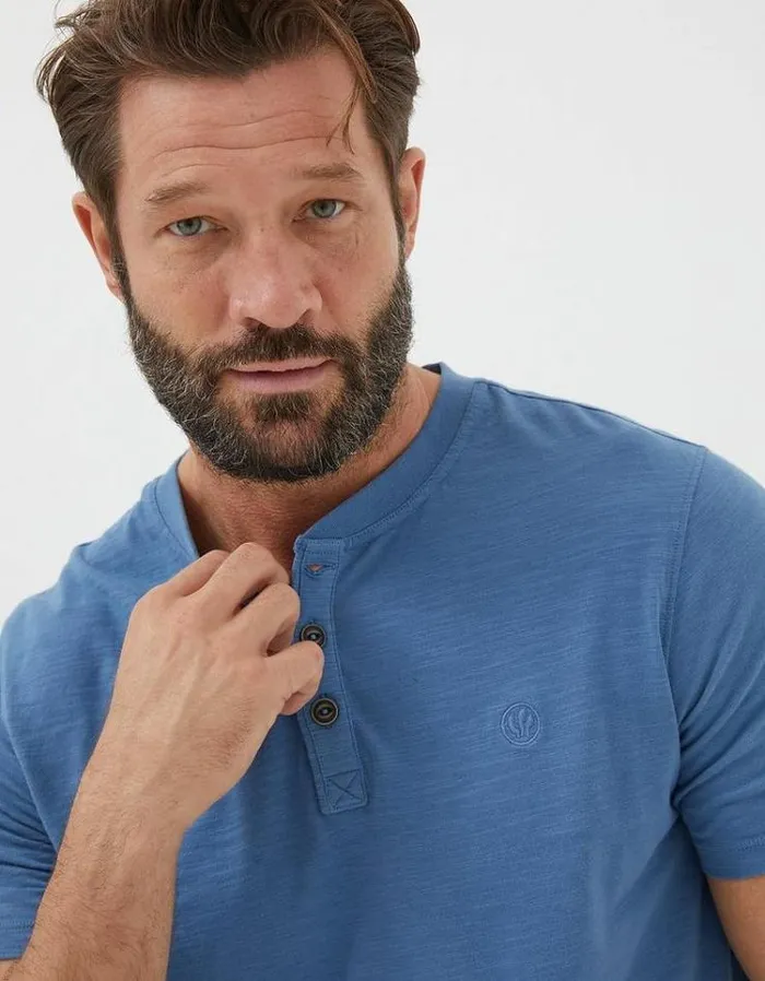 Men FatFace Tall Collection Organic Cotton Woodside Slub Henley Light Denim Blue