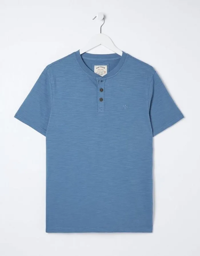 Men FatFace Tall Collection Organic Cotton Woodside Slub Henley Light Denim Blue