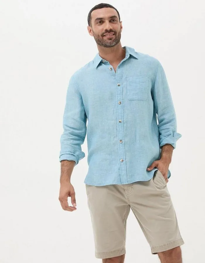 Men FatFace Vacation Shop Long Sleeve Plain Linen Shirt Teal Blue