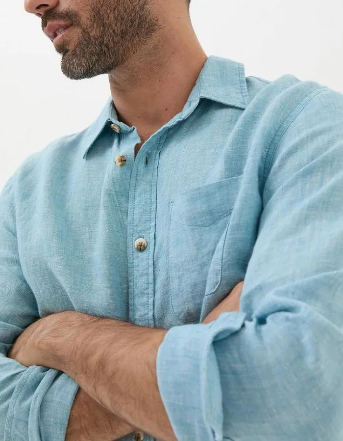 Men FatFace Vacation Shop Long Sleeve Plain Linen Shirt Teal Blue