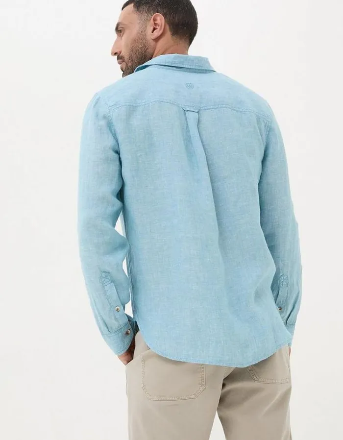 Men FatFace Vacation Shop Long Sleeve Plain Linen Shirt Teal Blue