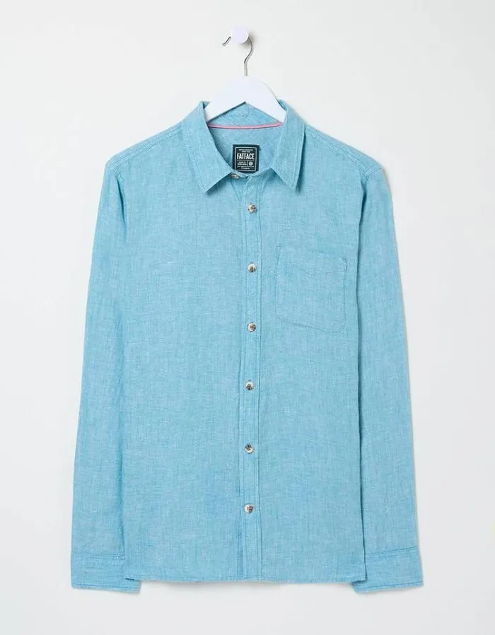 Men FatFace Vacation Shop Long Sleeve Plain Linen Shirt Teal Blue