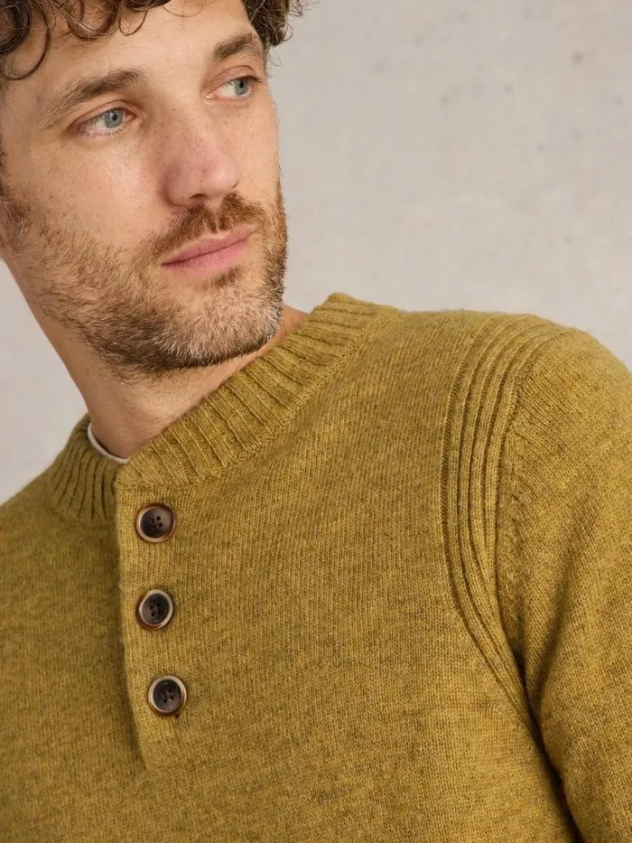 Men Lambswool Henley Dark Yellow White Stuff Knitwear
