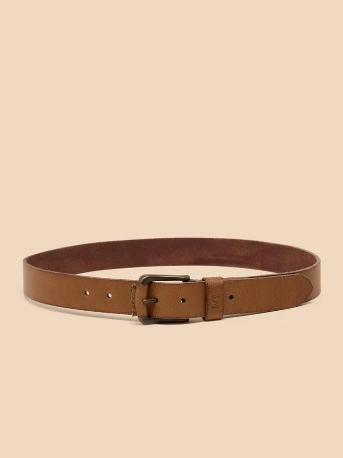 Men Leather Buckle Belt Mid Tan White Stuff Belts